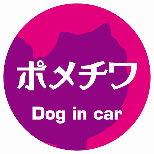 Dog in car ポメチワ レトロ書体 ピンクパープル ステッカー 直径10cm 丸型 シール カーステッカー