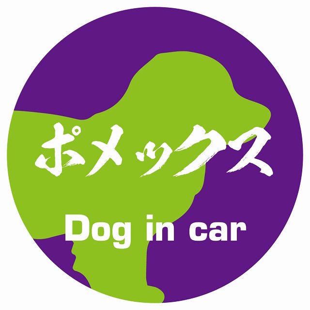 Dog in car ポメックス 毛筆書体 パープルグリーン ステッカー 直径10cm 丸型 シール カーステッカー