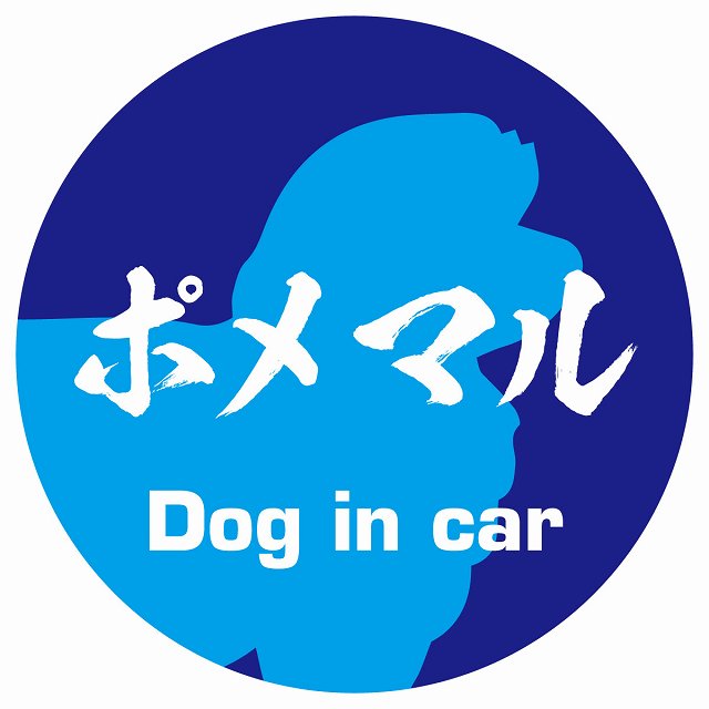 Dog in car ポメマル 毛筆書体 ブルー ステッカー 直径10cm 丸型 シール カーステッカー