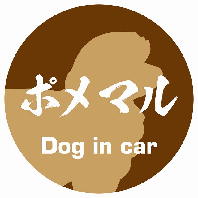Dog in car ポメマル 毛筆書体 ブラウン ステッカー 直径10cm 丸型 シール カーステッカー