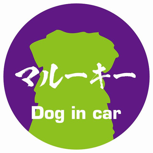 Dog in car マルーキー 毛筆書体 パープルグリーン ステッカー 直径10cm 丸型 シール カーステッカー