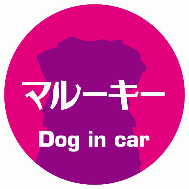 Dog in car マルーキー レトロ書体 ピンクパープル ステッカー 直径10cm 丸型 シール カーステッカー