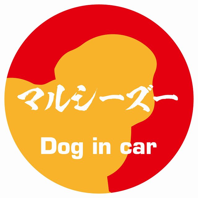 Dog in car マルシーズー 毛筆書体 レッドオレンジ ステッカー 直径10cm 丸型 シール カーステッカー