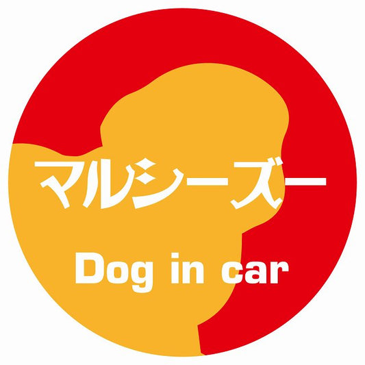 Dog in car マルシーズー レトロ書体 レッドオレンジ ステッカー 直径10cm 丸型 シール カーステッカー