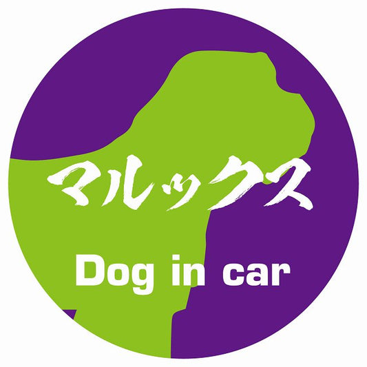 Dog in car マルックス 毛筆書体 パープルグリーン ステッカー 直径10cm 丸型 シール カーステッカー