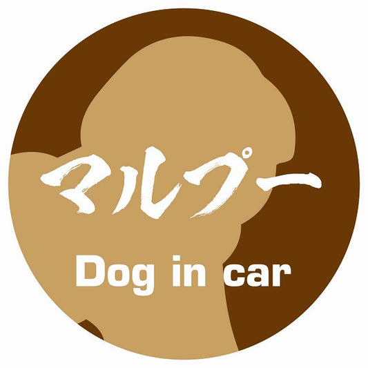 Dog in car マルプー 毛筆書体 ブラウン ステッカー 直径10cm 丸型 シール カーステッカー