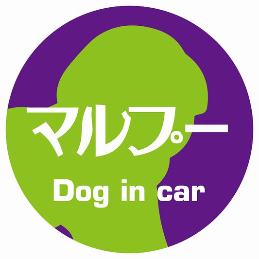 Dog in car マルプー レトロ書体 パープルグリーン ステッカー 直径10cm 丸型 シール カーステッカー