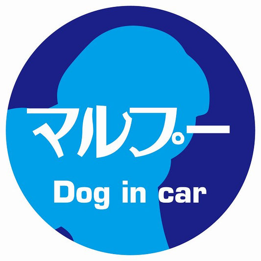 Dog in car マルプー レトロ書体 ブルー ステッカー 直径10cm 丸型 シール カーステッカー