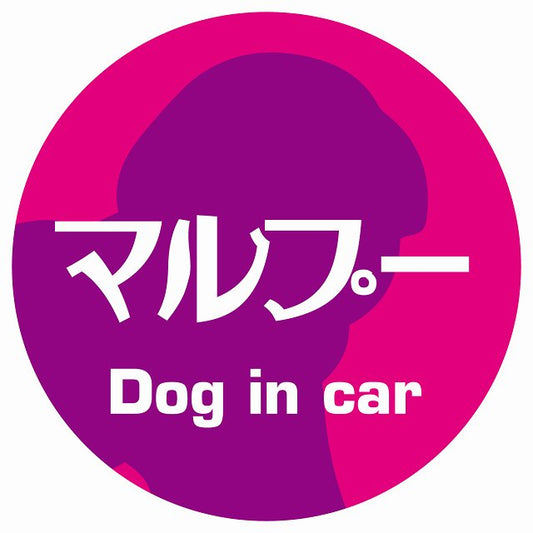 Dog in car マルプー レトロ書体 ピンクパープル ステッカー 直径10cm 丸型 シール カーステッカー