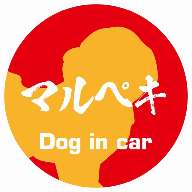 Dog in car マルペキ 毛筆書体 レッドオレンジ ステッカー 直径10cm 丸型 シール カーステッカー