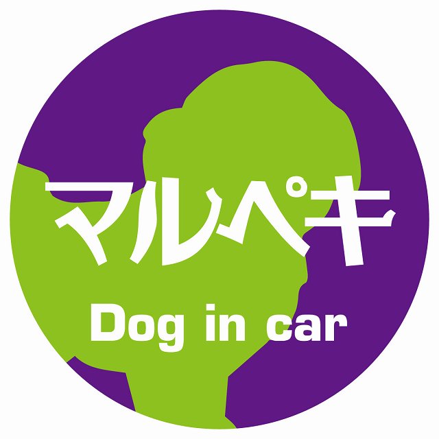 Dog in car マルペキ レトロ書体 パープルグリーン ステッカー 直径10cm 丸型 シール カーステッカー