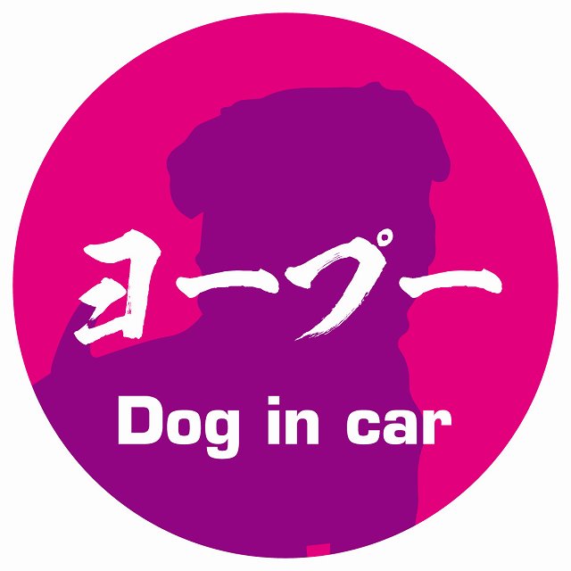 Dog in car ヨープー 毛筆書体 ピンクパープル ステッカー 直径10cm 丸型 シール カーステッカー