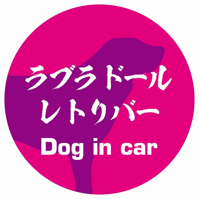 Dog in car ラブラドールレトリバー 毛筆書体 ピンクパープル ステッカー 直径10cm 丸型 シール カーステッカー