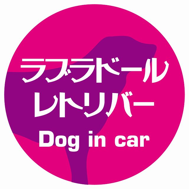 Dog in car ラブラドールレトリバー レトロ書体 ピンクパープル ステッカー 直径10cm 丸型 シール カーステッカー