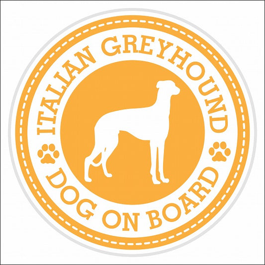 Dog on board Italian Greyhound イタリアングレーハウンド イエロー 肉球マーク 直径13cm 丸型 シール カーステッカー