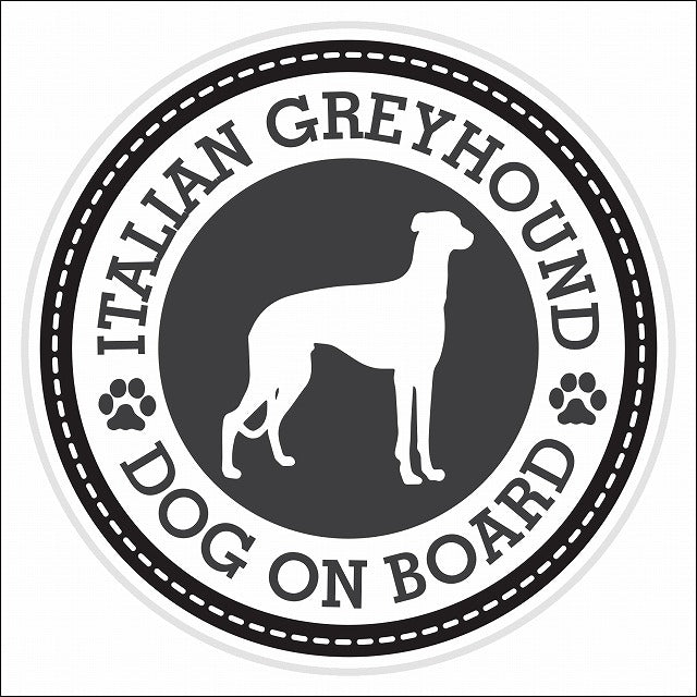 Dog on board Italian Greyhound イタリアングレーハウンド ブラック 肉球マーク 直径13cm 丸型 シール カーステッカー