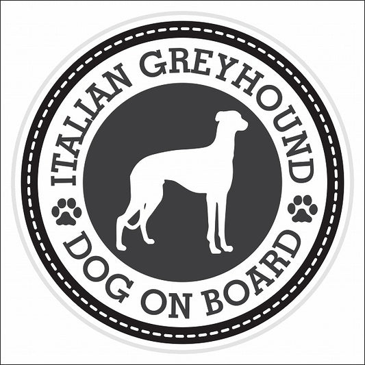 Dog on board Italian Greyhound イタリアングレーハウンド ブラック 肉球マーク 直径13cm 丸型 シール カーステッカー