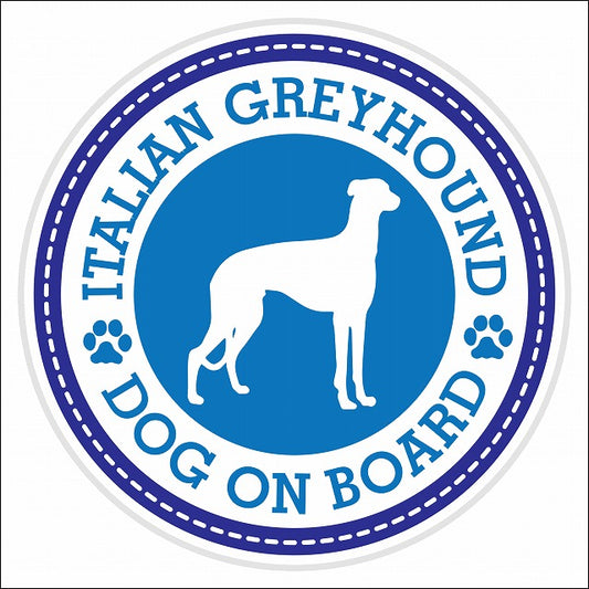 Dog on board Italian Greyhound イタリアングレーハウンド ブルー 肉球マーク 直径13cm 丸型 シール カーステッカー