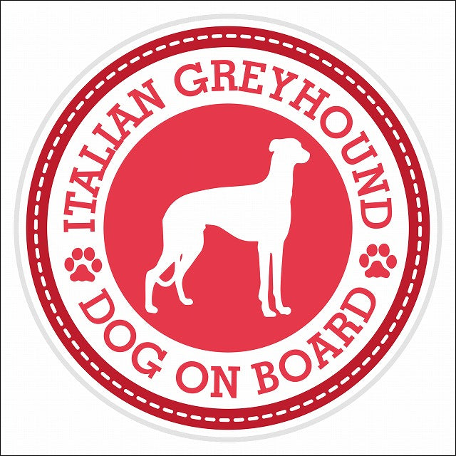 Dog on board Italian Greyhound イタリアングレーハウンド レッド 肉球マーク 直径13cm 丸型 シール カーステッカー