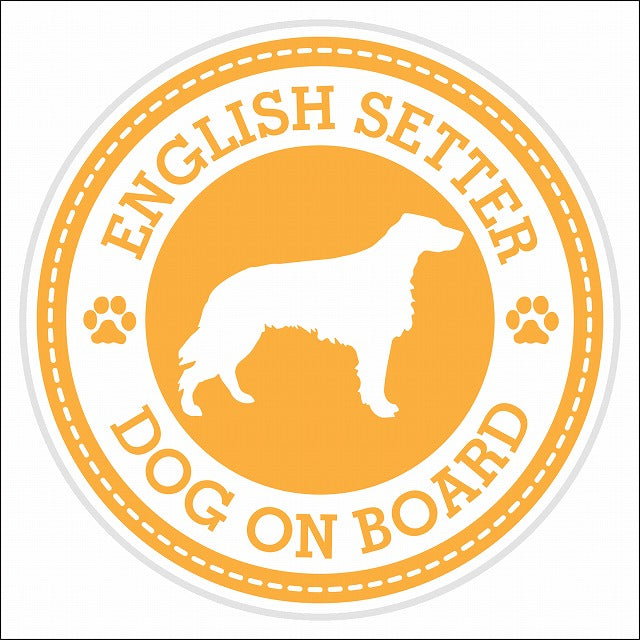 Dog on board ENGLISH SETTER イングリッシュ・セター イエロー 肉球マーク 直径13cm 丸型 シール カーステッカー