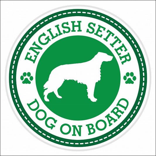 Dog on board ENGLISH SETTER イングリッシュ・セター グリーン 肉球マーク 直径13cm 丸型 シール カーステッカー