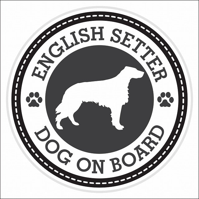 Dog on board ENGLISH SETTER イングリッシュ・セター ブラック 肉球マーク 直径13cm 丸型 シール カーステッカー
