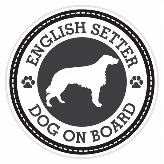 Dog on board ENGLISH SETTER イングリッシュ・セター ブラック 肉球マーク 直径13cm 丸型 シール カーステッカー