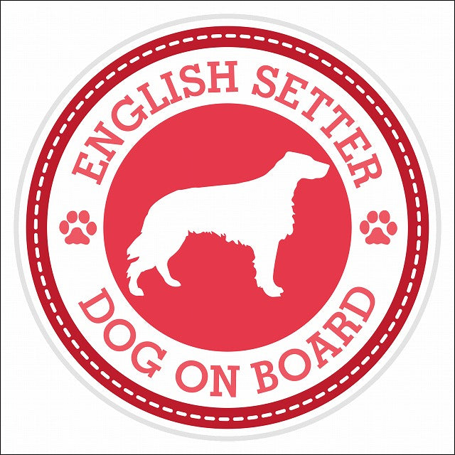 Dog on board ENGLISH SETTER イングリッシュ・セター レッド 肉球マーク 直径13cm 丸型 シール カーステッカー