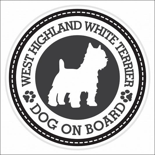 Dog on board WEST HIGHLAND WHITE TERRIER ウエストハイランドホワイトテリア ブラック 肉球マーク 直径13cm 丸型 シール カーステッカー