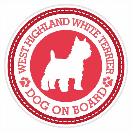 Dog on board WEST HIGHLAND WHITE TERRIER ウエストハイランドホワイトテリア レッド 肉球マーク 直径13cm 丸型 シール カーステッカー