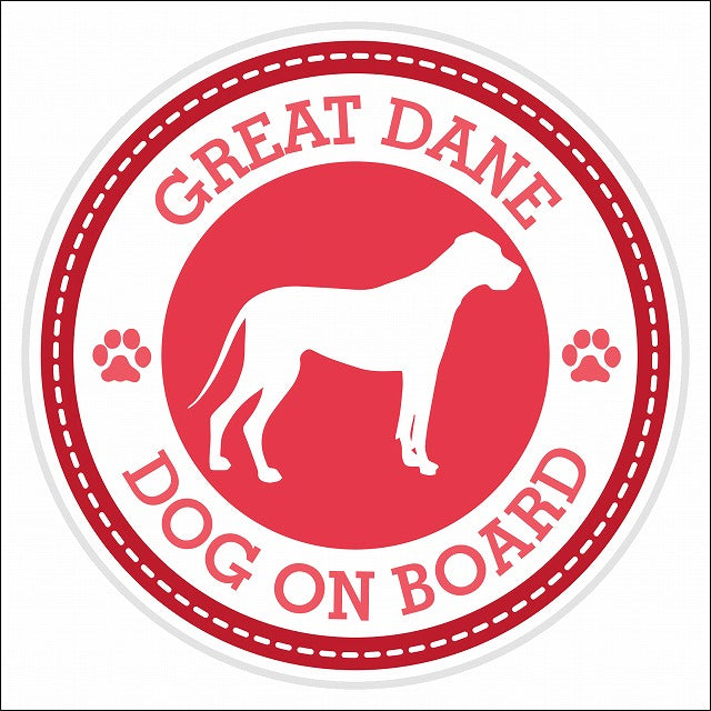 Dog on board GREAT DANE グレート・デーン レッド 肉球マーク 直径13cm 丸型 シール カーステッカー