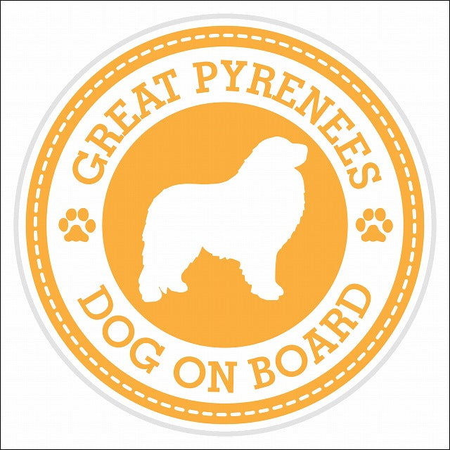 Dog on board GREAT PYRENEES グレート・ピレニーズ イエロー 肉球マーク 直径13cm 丸型 シール カーステッカー
