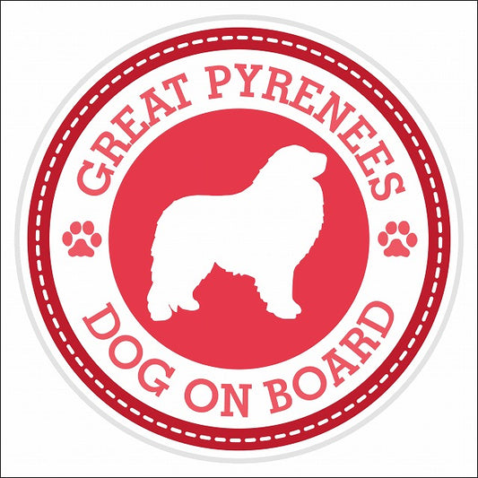Dog on board GREAT PYRENEES グレート・ピレニーズ レッド 肉球マーク 直径13cm 丸型 シール カーステッカー