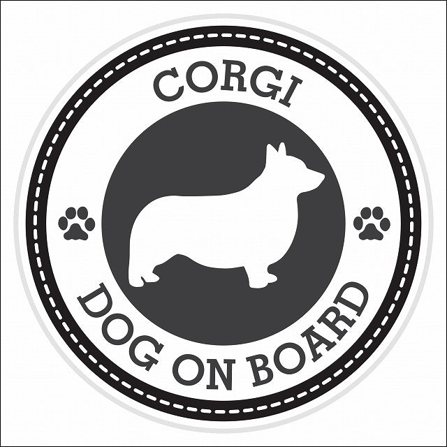 Dog on board CORGI コーギ ブラック 肉球マーク 直径13cm 丸型 シール カーステッカー