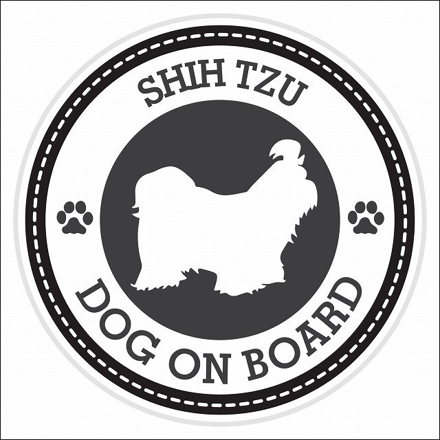 Dog on board SHIH TZU シーズー ブラック 肉球マーク 直径13cm 丸型 シール カーステッカー