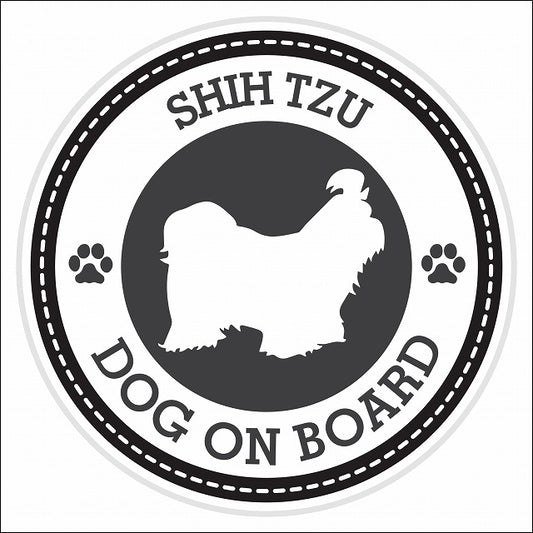 Dog on board SHIH TZU シーズー ブラック 肉球マーク 直径13cm 丸型 シール カーステッカー