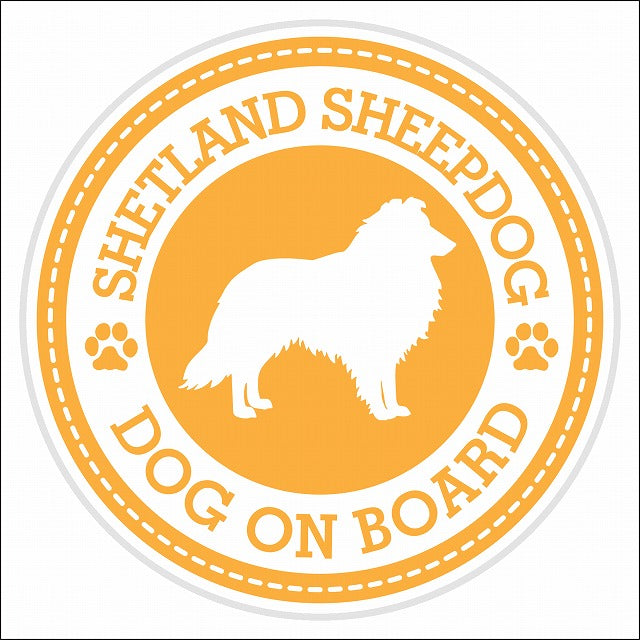 Dog on board SHETLAND SHEEP DOG シェットランドシープドッグ イエロー 肉球マーク 直径13cm 丸型 シール カーステッカー