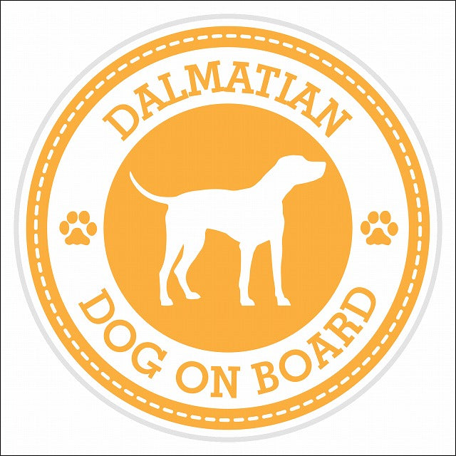 Dog on board DALMATIAN ダルメシアン イエロー 肉球マーク 直径13cm 丸型 シール カーステッカー