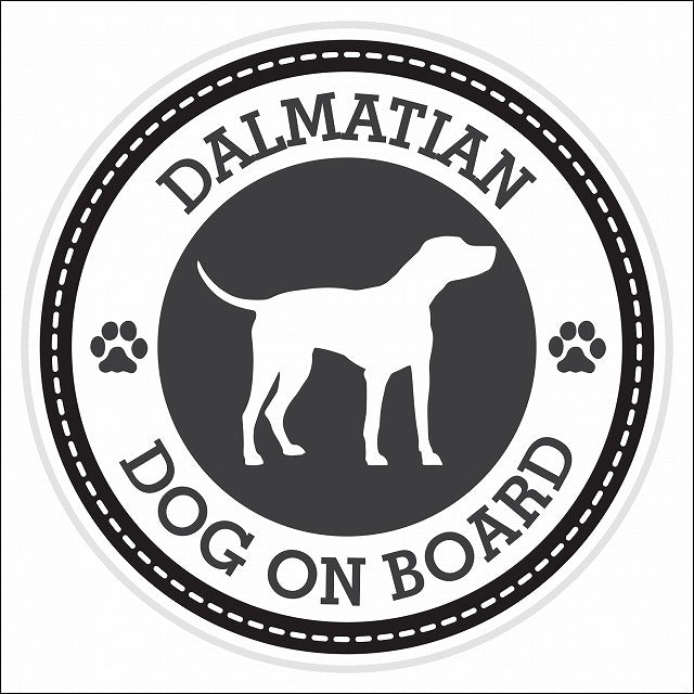 Dog on board DALMATIAN ダルメシアン ブラック 肉球マーク 直径13cm 丸型 シール カーステッカー