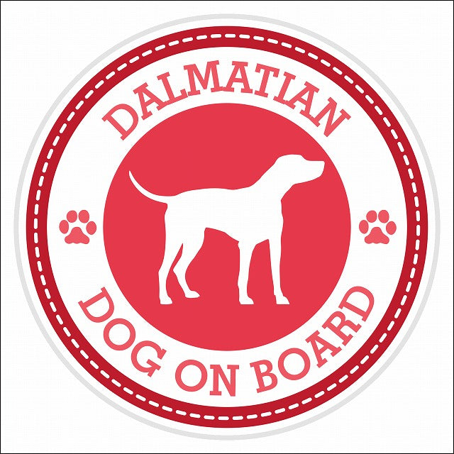 Dog on board DALMATIAN ダルメシアン レッド 肉球マーク 直径13cm 丸型 シール カーステッカー
