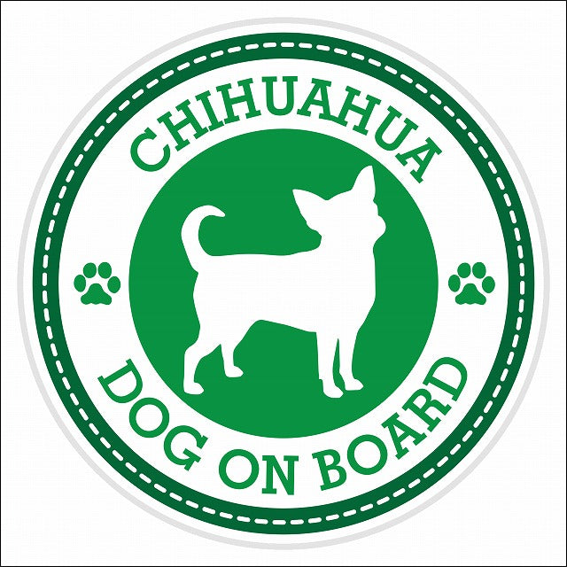 Dog on board CHIHUAHUA チワワ グリーン 肉球マーク 直径13cm 丸型 シール カーステッカー