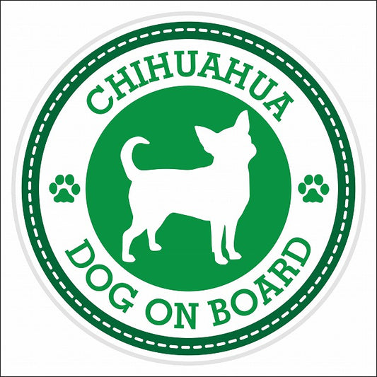 Dog on board CHIHUAHUA チワワ グリーン 肉球マーク 直径13cm 丸型 シール カーステッカー
