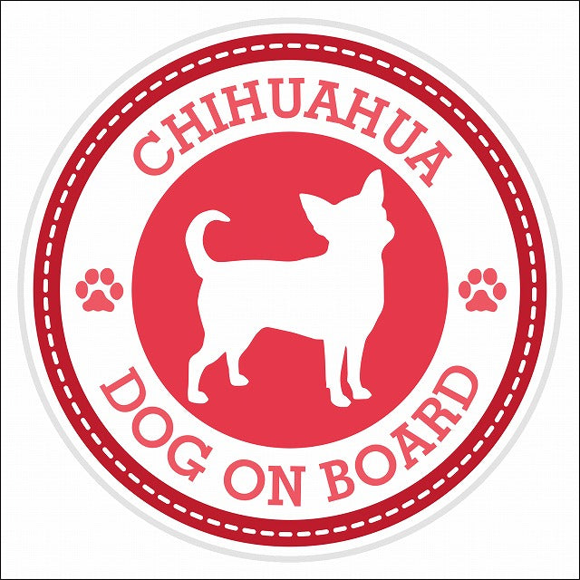 Dog on board CHIHUAHUA チワワ レッド 肉球マーク 直径13cm 丸型 シール カーステッカー