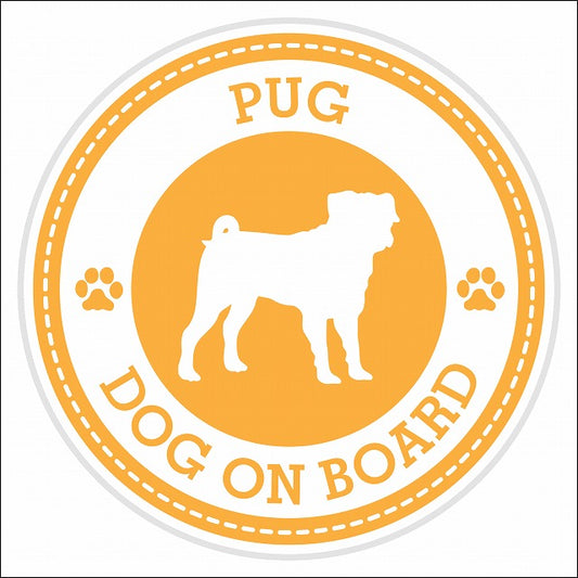 Dog on board PUG パグ イエロー 肉球マーク 直径13cm 丸型 シール カーステッカー