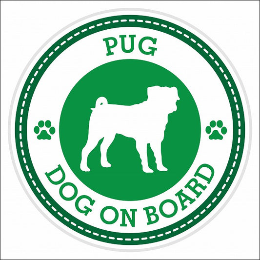 Dog on board PUG パグ グリーン 肉球マーク 直径13cm 丸型 シール カーステッカー