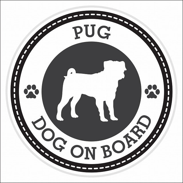 Dog on board PUG パグ ブラック 肉球マーク 直径13cm 丸型 シール カーステッカー
