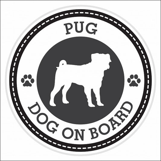 Dog on board PUG パグ ブラック 肉球マーク 直径13cm 丸型 シール カーステッカー