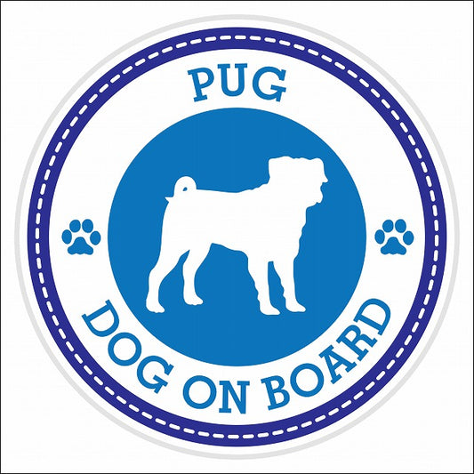 Dog on board PUG パグ ブルー 肉球マーク 直径13cm 丸型 シール カーステッカー