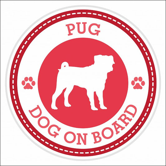 Dog on board PUG パグ レッド 肉球マーク 直径13cm 丸型 シール カーステッカー