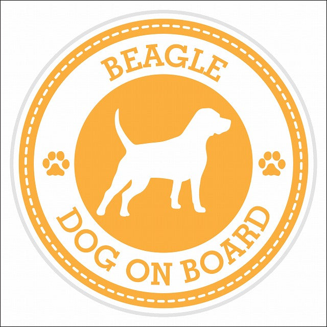 Dog on board BEAGLE ビーグル イエロー 肉球マーク 直径13cm 丸型 シール カーステッカー